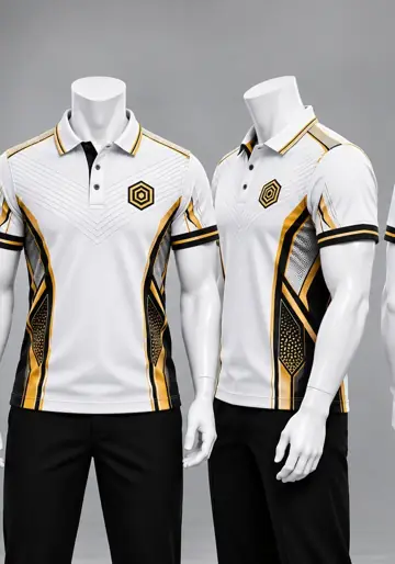 Uniforme corporativo sublimado Polo Blanco Líneas Doradas