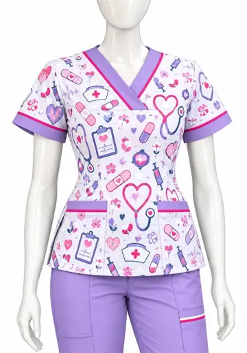 Uniforme corporativo sublimado Scrub Lila Cruz y Corazón