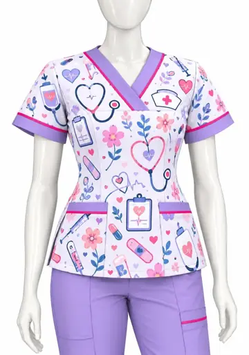Uniforme corporativo sublimado Scrub Lila Flores y Pulso