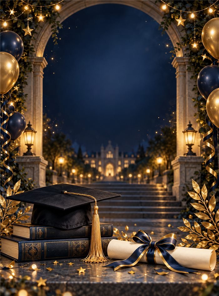 Fondo para eventos sublimado Arco Universitario Azul y Dorado