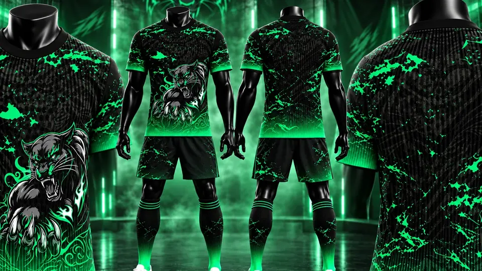 Uniforme deportivo negro y verde con pantera