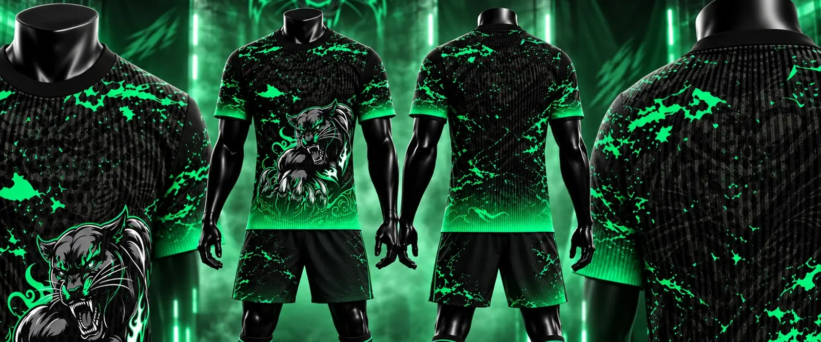 Uniforme deportivo negro y verde con pantera