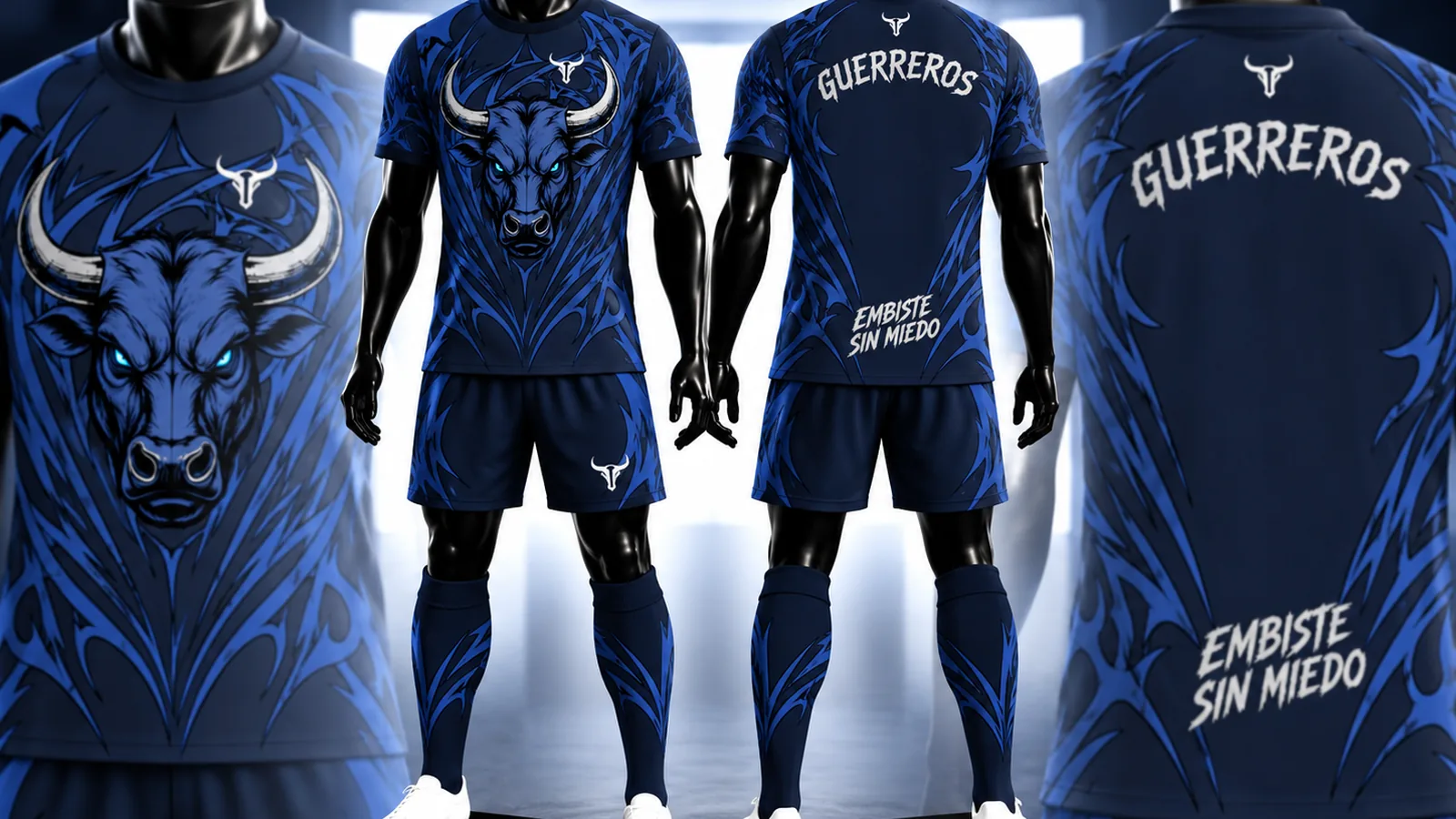 Uniforme deportivo personalizado azul con diseño de toro, frente y espalda