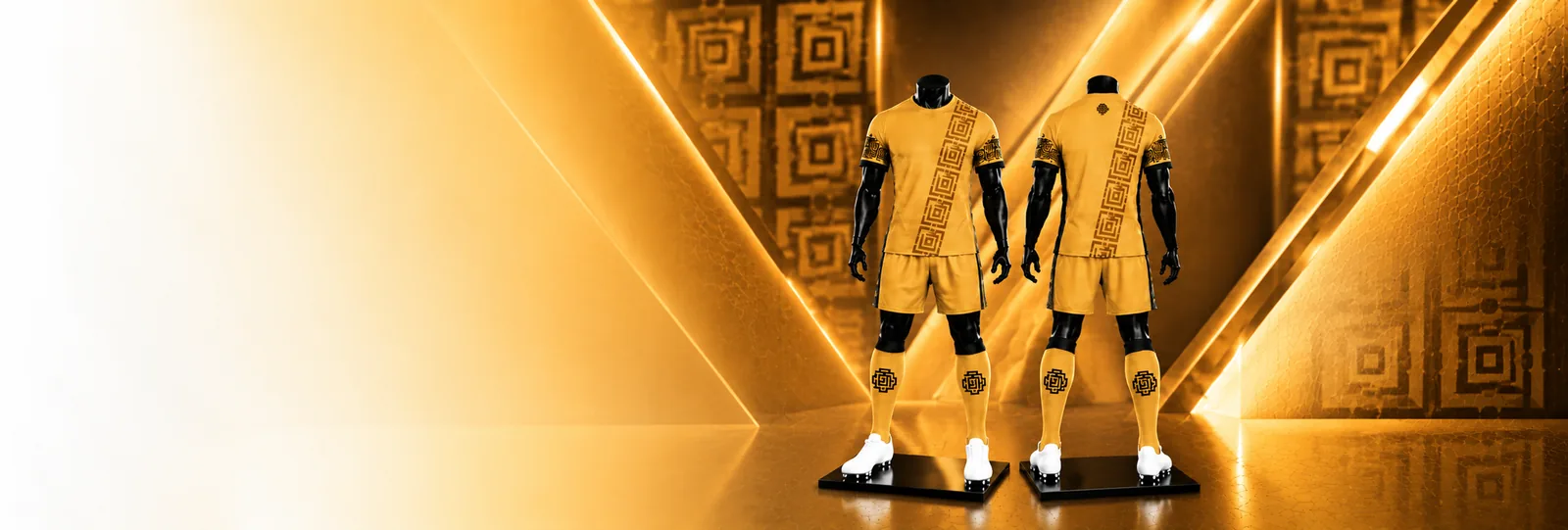 Uniforme deportivo dorado personalizado: frente, espalda y detalles de sublimación