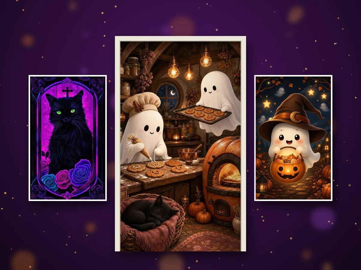 Cubrepuertas de Halloween sublimados de 78 cm por 2 m: fantasmas reposteros, gato gótico y fantasma brujita