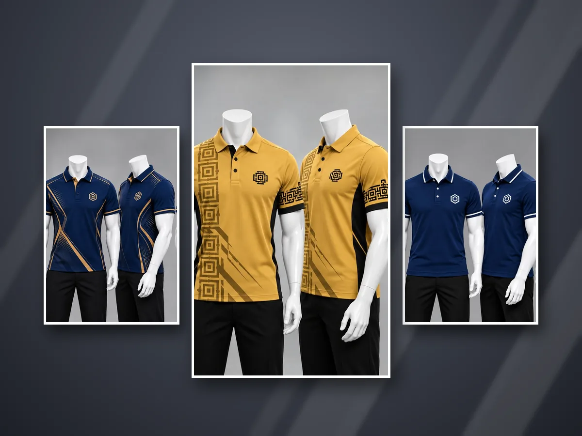 Camisas polo corporativas sublimadas de Saratex en mostaza, azul marino con dorado y azul marino clásico