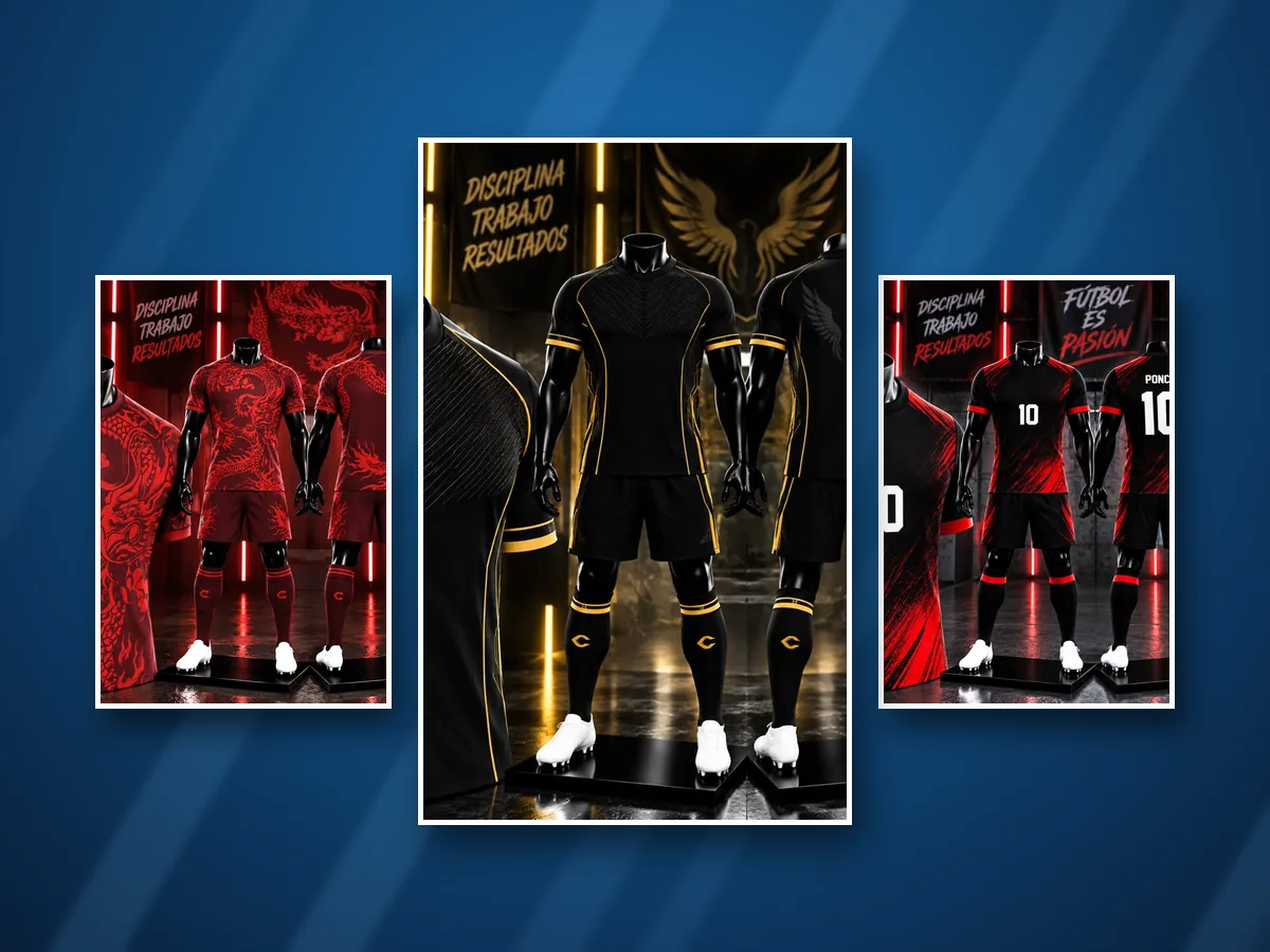 Uniformes deportivos sublimados de Saratex: modelos negro y dorado, rojo con dragón y negro con rojo