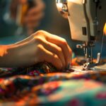 Closeup view of a seamstress s hands carefully guiding fabric through a sewing machine with the background softly blurred showcasing the intricate process of garment construction