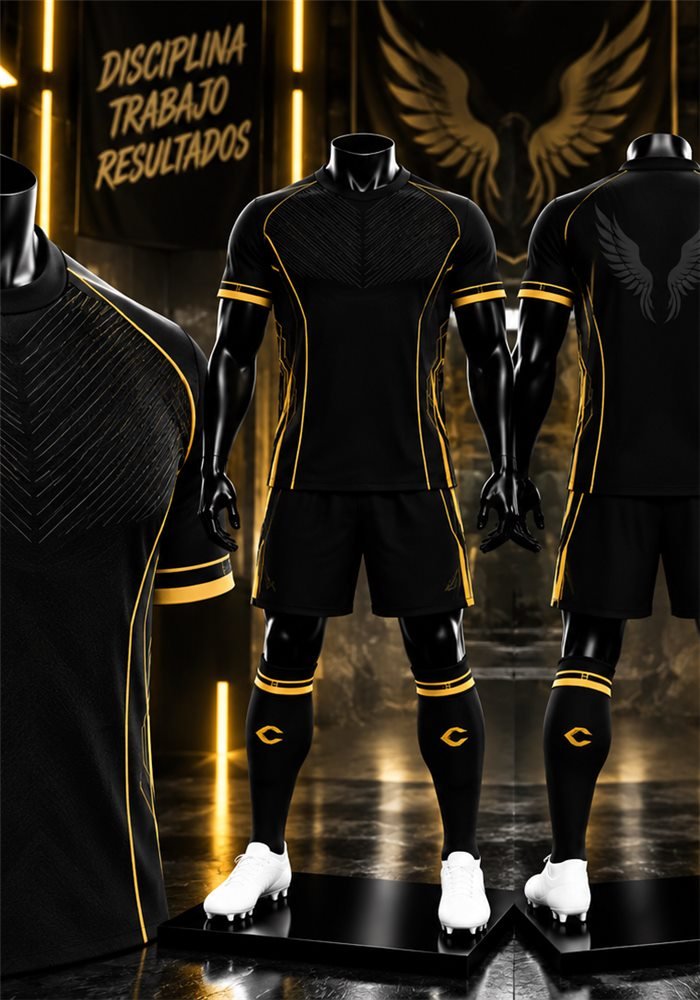 Uniforme deportivo sublimado Saratex, diseño Alas Negro y Dorado