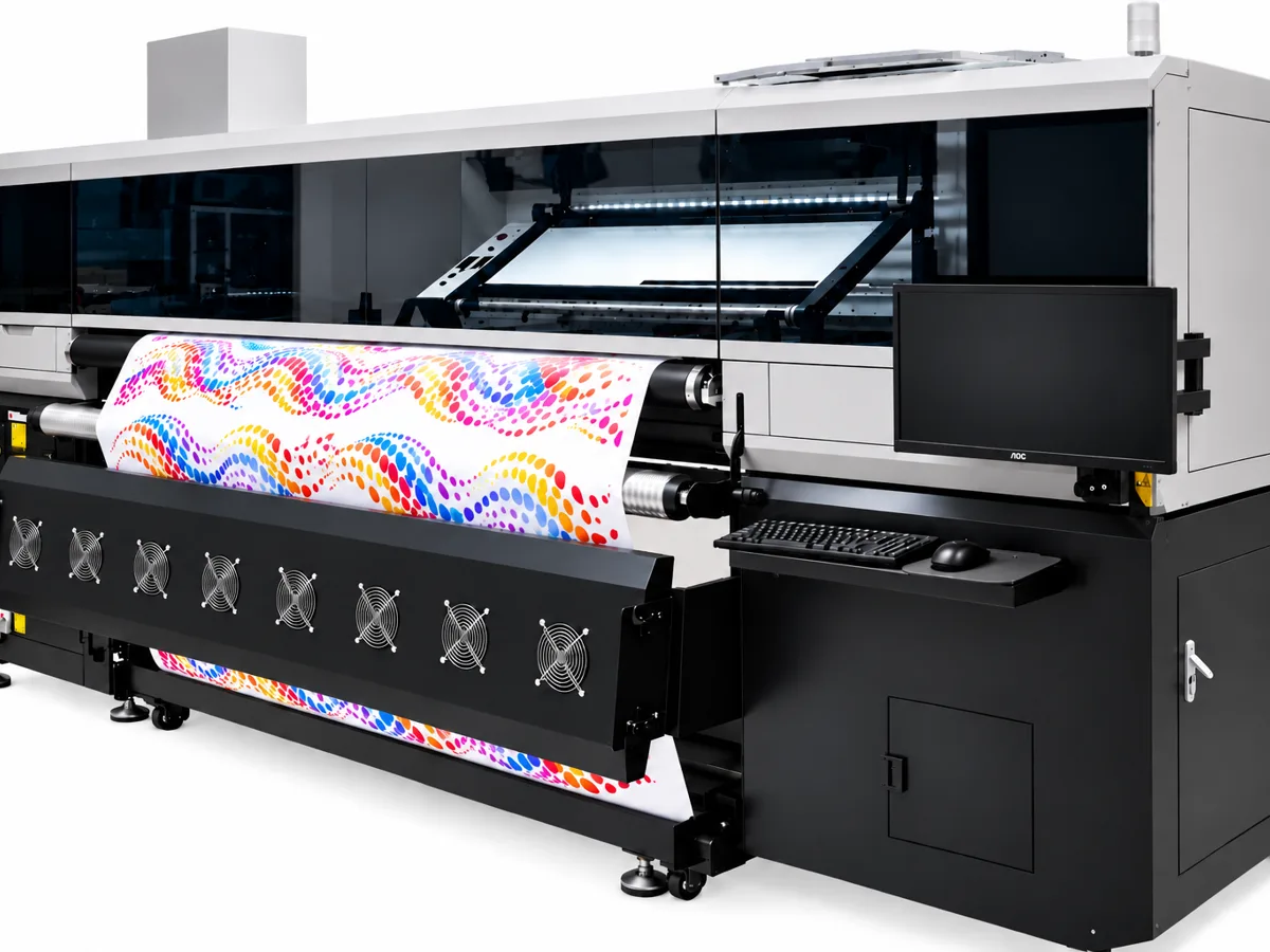 Impresora textil de Saratex sublimando una tela de colores