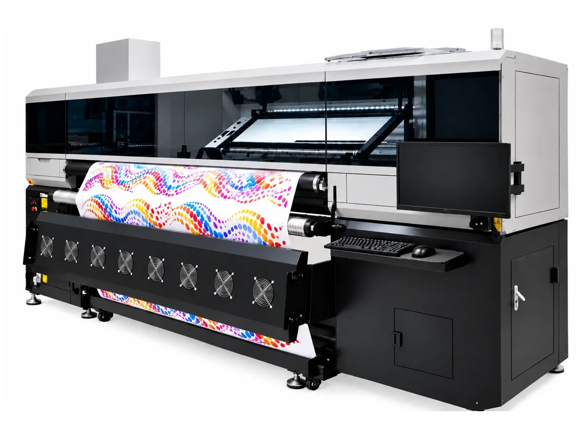 Impresora de sublimación de Saratex imprimiendo tela con un diseño de colores